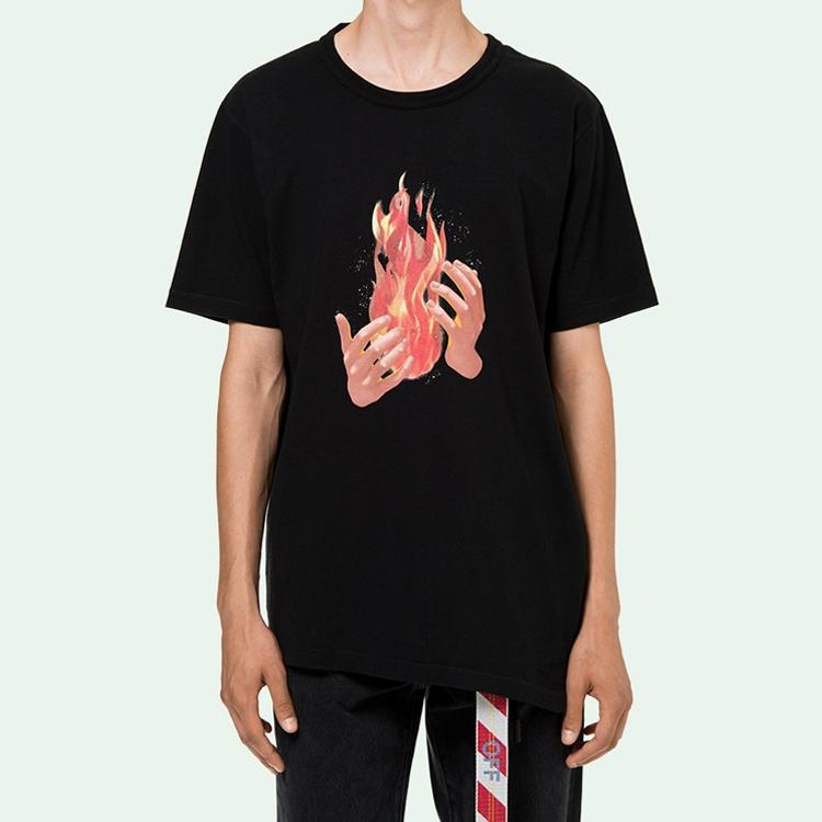 Off-White SS19 Футболка с коротким рукавом с принтом Flame Ash, мужские топы, черная OMAA032S181850781088