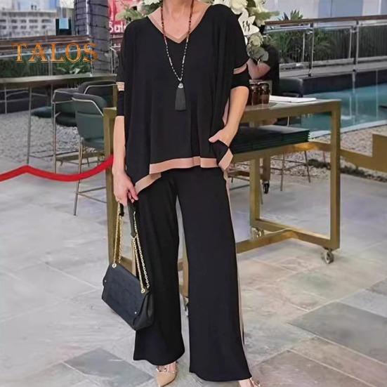 Женский комплект из 2 предметов: топ и брюки, V-образный вырез, рукава три четверти, толстовка с эластичной резинкой на талии, широкие спортивные штаны, спортивный костюм, осенний повседневный спортивный костюм