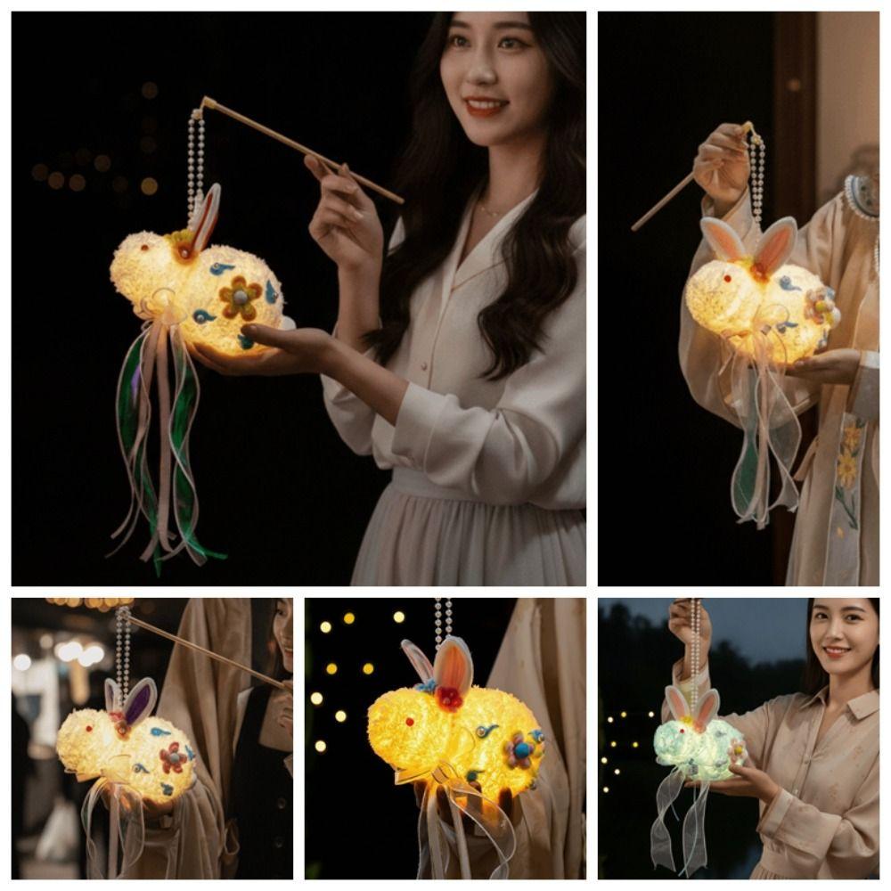 Portable Rabbit Lantern Handmade Mid-Autumn Lantern Plush Bunny Lamp  Lantern Festival