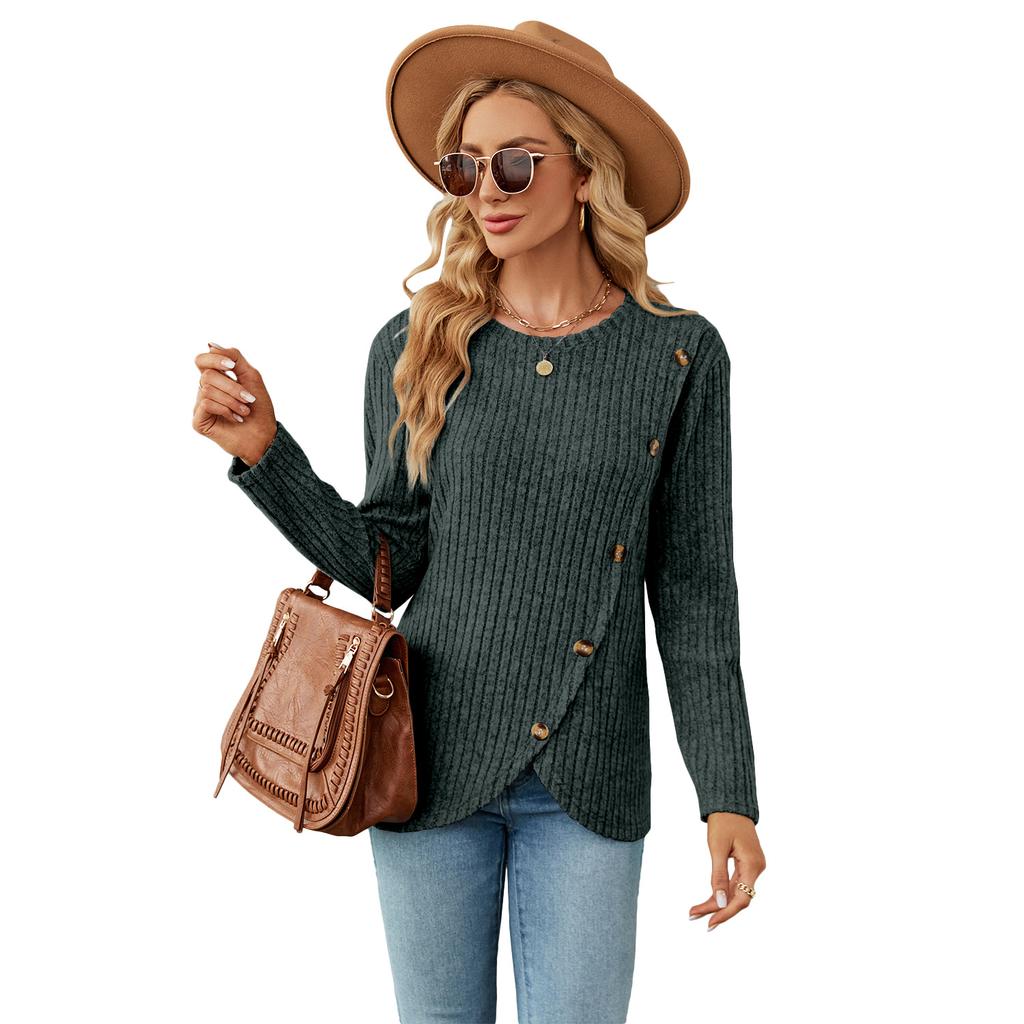Spring Autumn Long Sleeve O Neck Solid Color Pit Women Irregular Pullover T Shirt Blouse Top