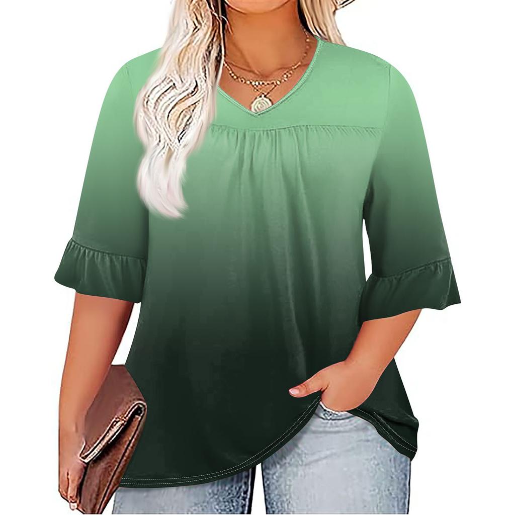 Женская мода, повседневная плиссированная футболка с v-образным вырезом и принтом, семиминутная футболка с рюшами и рукавами, топы больших размеров