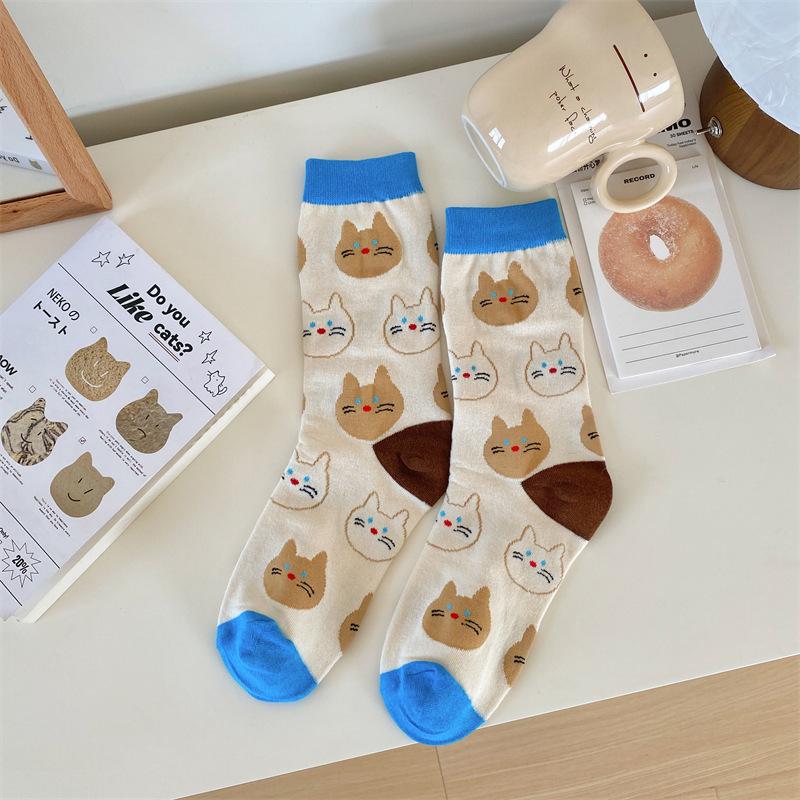 Spring 2025 Korean Polka Dot Kitten Women's Cotton Mid-Calf Socks - Sweet, Cute, and Breathable