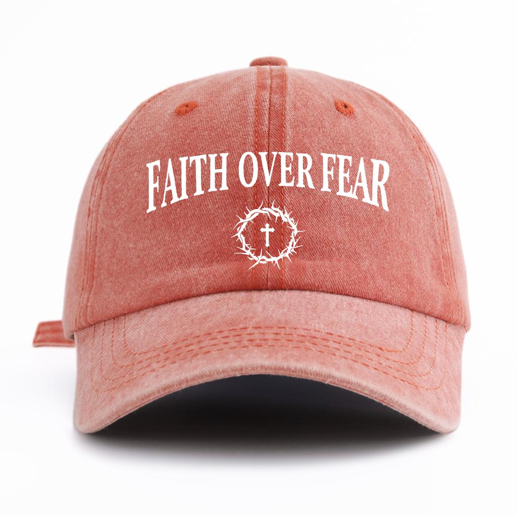 1 шт. Стильная washed бейсболка FAITH OVER FEAR для взрослых, Минималистичный ретро-стиль, Повседневная, Мягкая, Регулируемая, Шляпа папы, Идеально подходит в качестве подарка