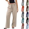 Women's Cotton And Linen Casual Summer Straight Wide Leg Loose Drawstring Elastic Waistband Pocket Trousers