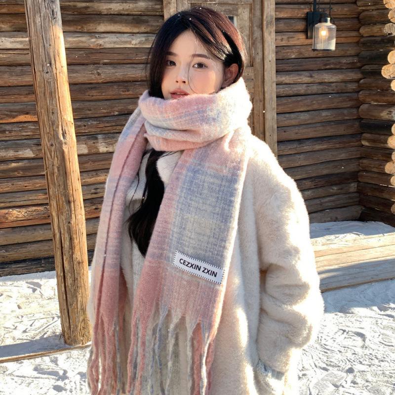 Pink Plaid Scarf for Women In Winter High End Warm Korean Style Student Versatile Couple White Scarf Trendy