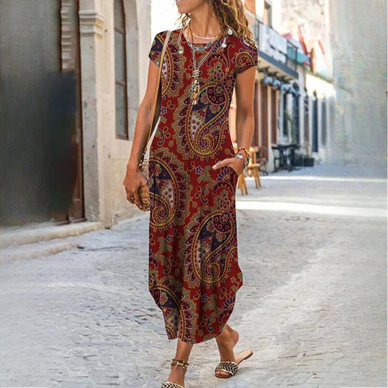 QICED Женская мода лето весна однотонный принт с коротким рукавом и круглым вырезом с высокой талией повседневные платья