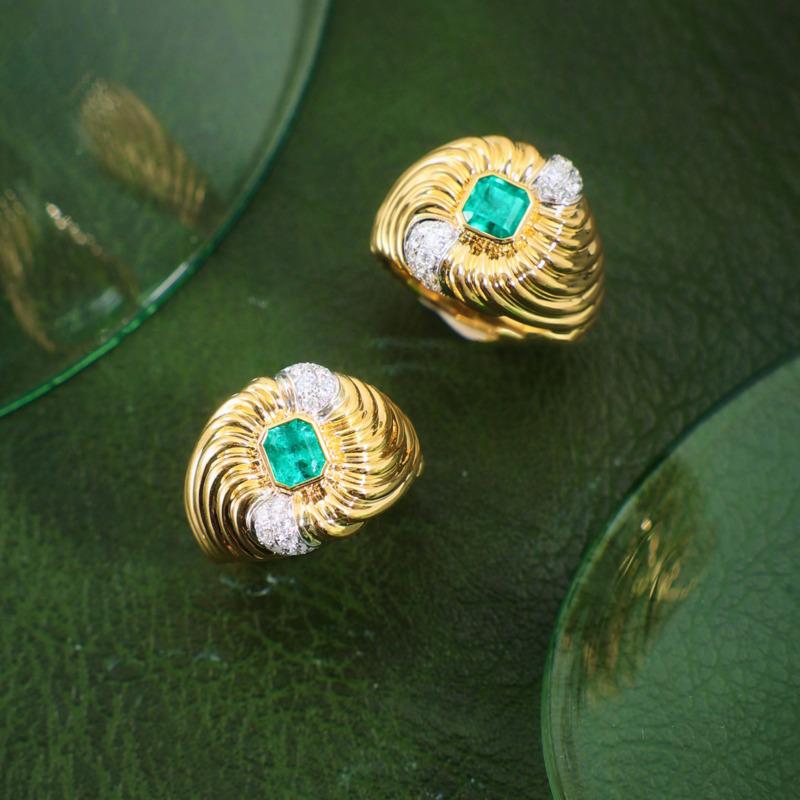 Medieval Vintage Forest Breath French Texture Plating 18K Gold Diamond Imitation Emerald Ring Girl