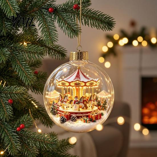 Decorative Hanging Spheres Glowing Christmas Ball Ornaments, Light-Up with Mini Holiday Scene, Acrylic Clear Decorations Tree Decor Warm LED Light for