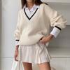 New Minimalist V-neck Woolen Casual Contrasting Loose Knit Long Sleeved Sweater for Women