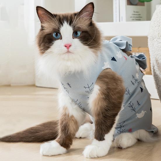 Cartoon Print Cat Recovery Suit Elastic Neck Back Bandage Breathable Cat Onesie Surgery Recovery Suit Female Cat Spay Recovery Suit