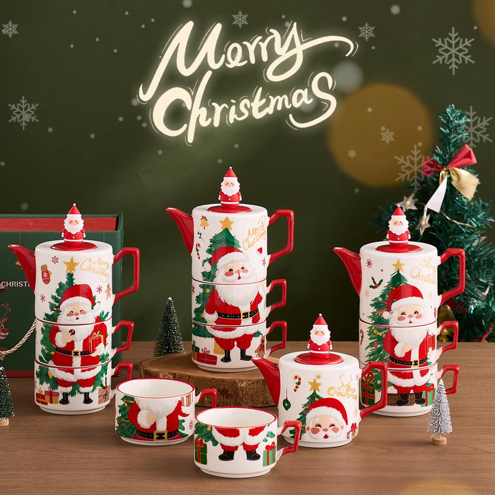Рождественский керамический чайный сервиз с одним чайником и двумя чашками