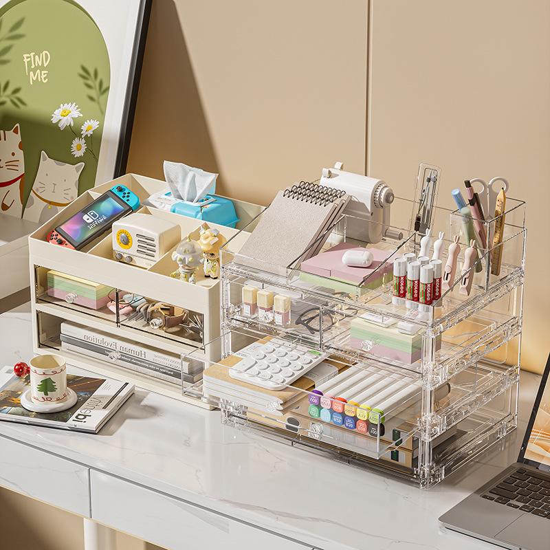 Настольный ящик для хранения с выдвижным ящиком – Пыленепроницаемый, прозрачный органайзер для стола в общежитии и офисных канцелярских товаров/книг/документов