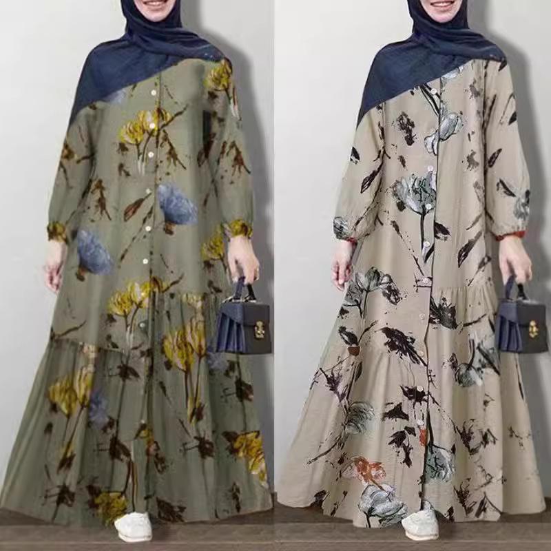 Retro Floral Print Long Sleeve Loose Dress - European & American Style 2024