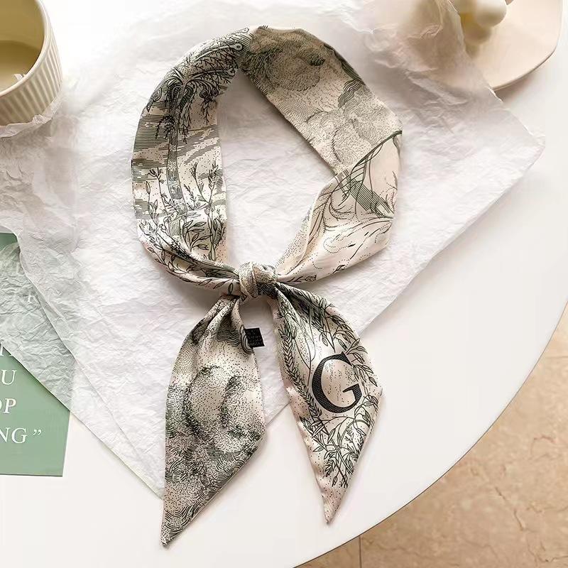 Маленький белый и нежно-зеленый шелковый шарф для женщин, тонкая лента, повязка на голову, резинка для волос, украшение для сумки, длинный