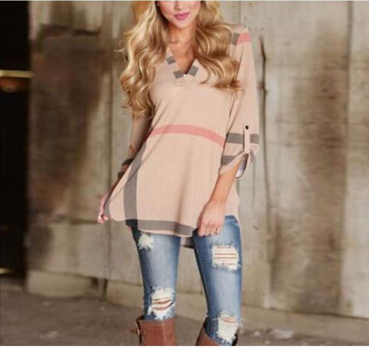 New Blouse Womens Striped Plaid Long Sleeve Ladies Top T Shirt Loose Casual Tops