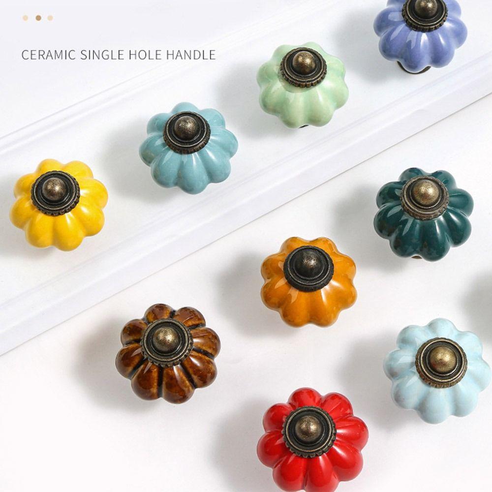 Single Hole Cabinet Knob Round Drawer Knobs Retro Ceramic Pumpkin Handle  Kitchen