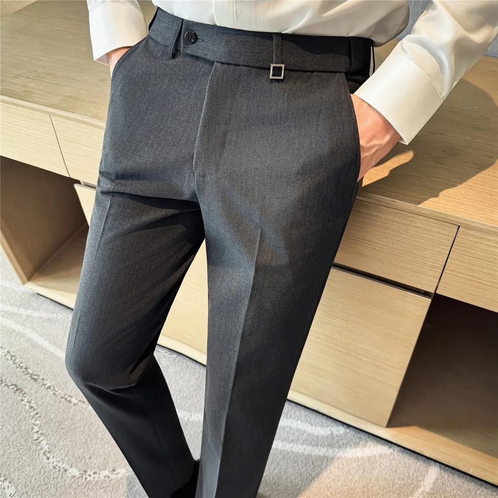 Весна Осень Высокое Качество Мужские Брюки от Костюма на Эластичной Талии Модные Смарт-Кэжуал Приталенные Брюки для Костюма Мужские Однотонные Брюки в Полную Длину
