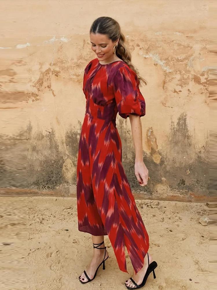 Платье миди с открытой спиной и шнуровкой, женское, шикарное, с вырезом-стойкой, рукавами-фонариками, разрезом, А-силуэтом, женское, праздничное платье