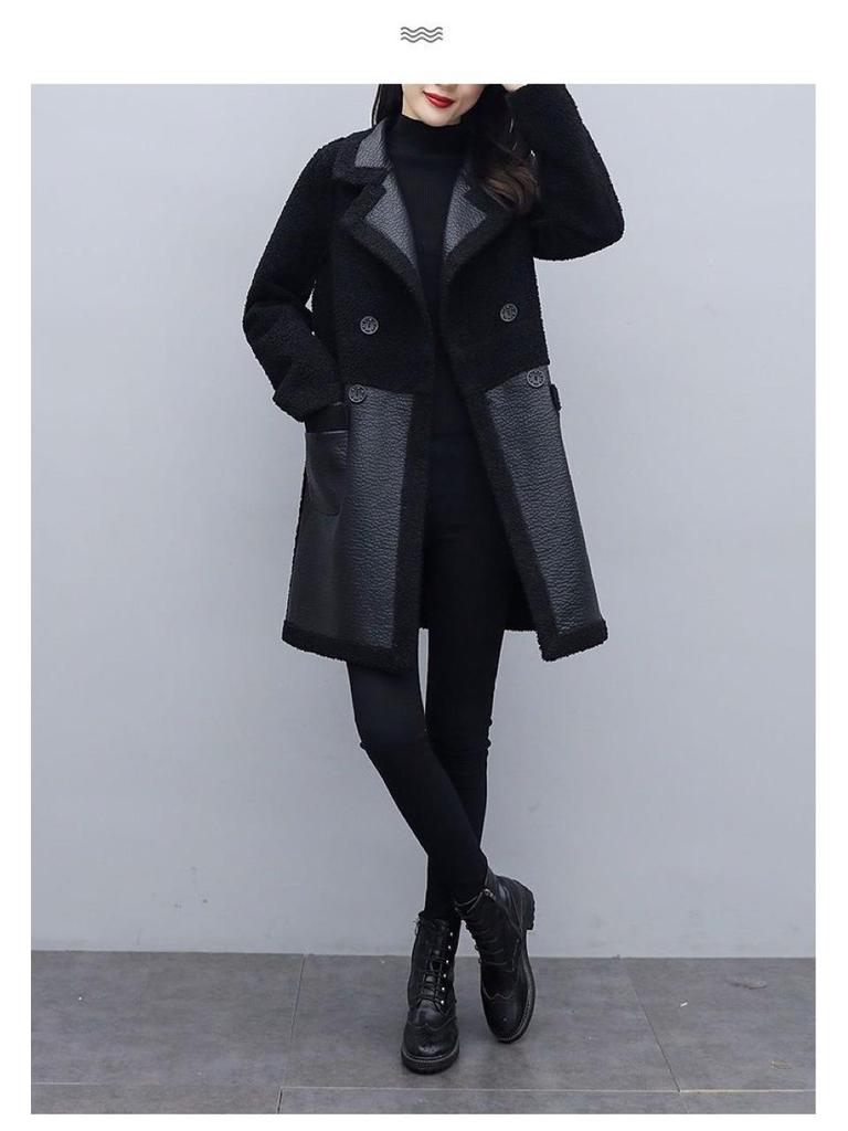 Vintage-Style Women's Mid-Length Leather & Fur Coat - Double-Sided, Fleece-Lined, Spliced Design