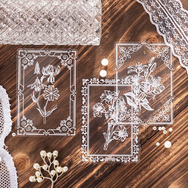 15pcs White Ink Lace Plant Flower Sticker Pack, Art Retro Style Hollow Lace Floral Journal Material, Student Diary Album DIY