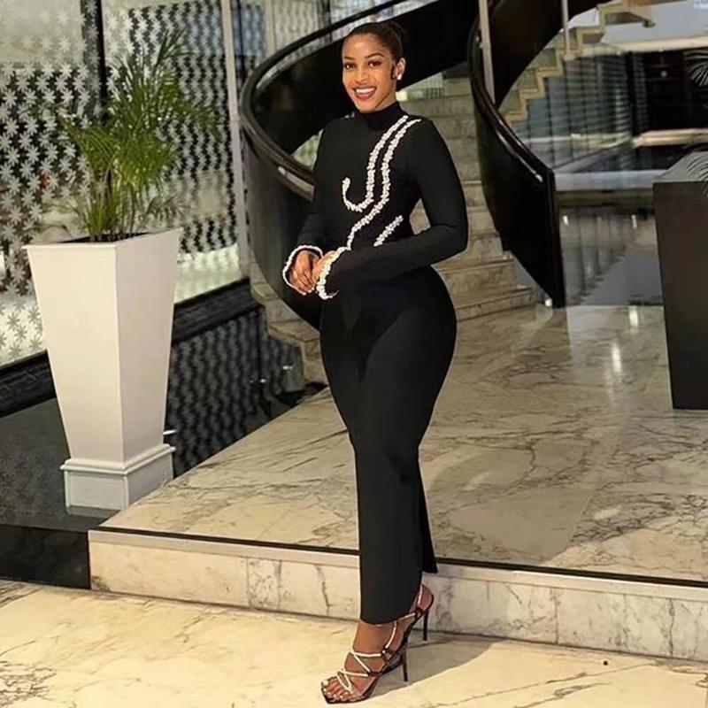 Осенне-зимнее платье-бандаж с длинным рукавом и воротником-гольф, украшенное стразами, модное облегающее платье для вечеринки