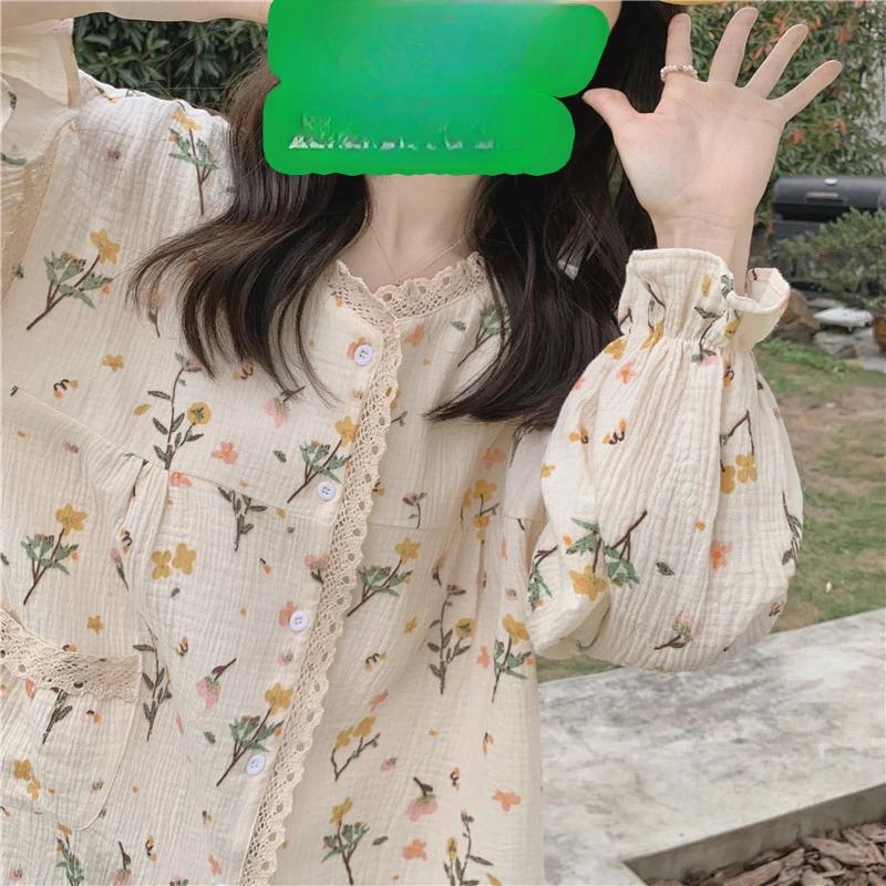 Floral Bubble Cotton Pajamas Lace Lace Ins Style Women Autumn Winter Women Homewear Set Round Neck Sweet Girl Loose Sleepwear