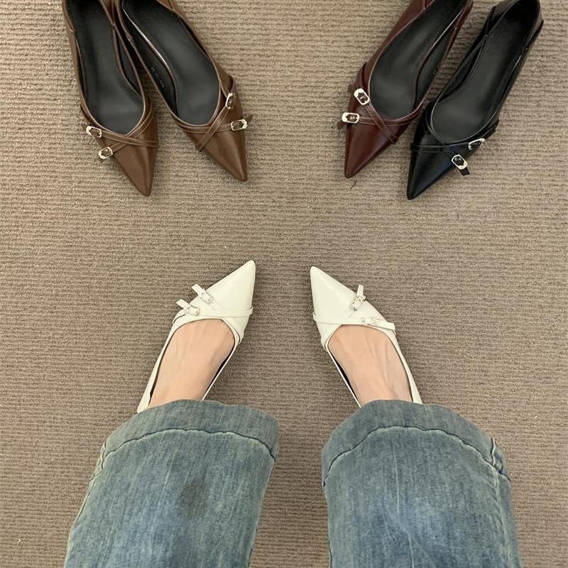 Belt Buckle Small Heel High Heels 2025 Spring and Summer New Pointed Light Mouth Thick Heel Comfortable Low Heel Soft Leather Shoes