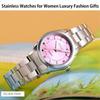 Стильные женские часы из нержавеющей стали розового цвета, серебристые, стальные, водонепроницаемые, деловые, классические, аналоговые, кварцевые, брендовые, повседневные, простые, роскошные, подарок,