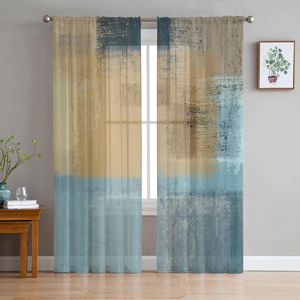 Luxury Tulle Curtains Color Painting Modern Living Room Kitchen Chiffon Curtain Youth Bedroom Sheer Floor Valance Curtain