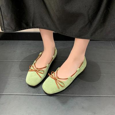 Модные французские туфли-балетки в стиле колор-блок с бантом, новинка 2025 года, с мелким вырезом, круглым носком, одинарные туфли