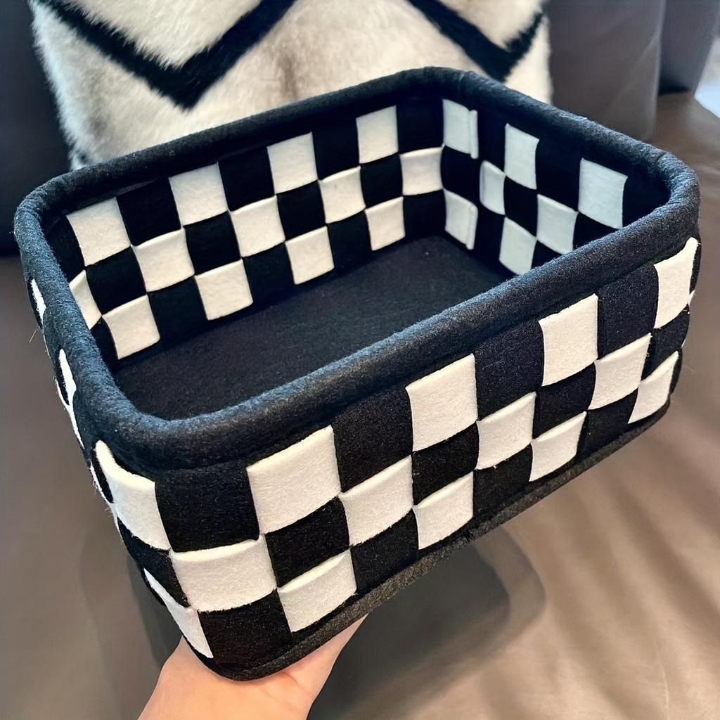 Versatile Black & White Plaid Storage Basket - Perfect for Cosmetics, Snacks, Toys, and Bedroom Essentials, Shelf Baskets