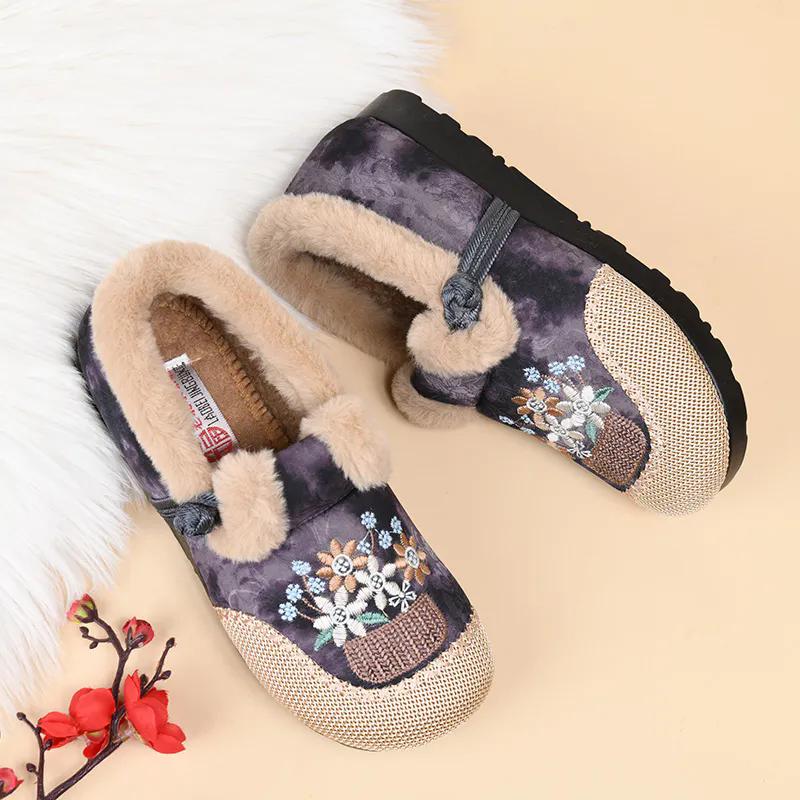 WTEMPO Большие размеры, повседневные однотонные туфли с вышивкой, женские осенне-зимние теплые, морозостойкие плюшевые туфли без застежек