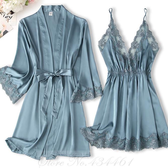 Черный кружевной халат из 2 предметов, ночная рубашка, комплект, весна-лето, женская ночная рубашка, сексуальный банный халат, нижнее белье, свободная атласная домашняя одежда