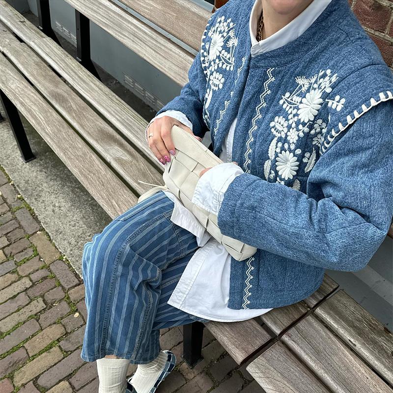 Floral Embroidery Women Jacket Blue Cardigan Warm Women's Winter Jackets Pockets High Street Outerwears Female New In Coats