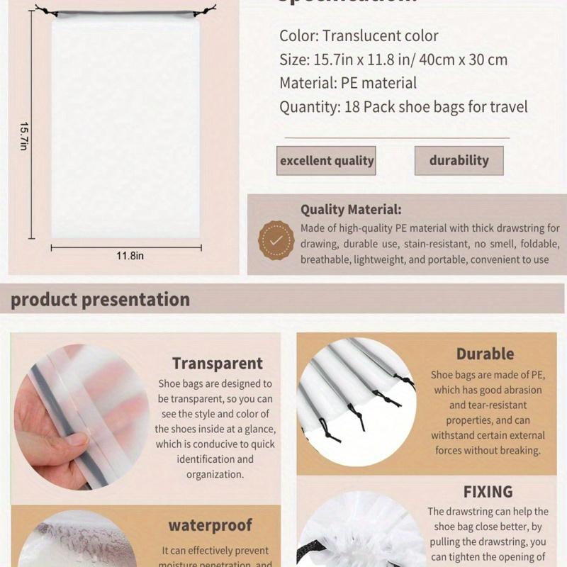Travel Shoe Bag with Drawstring - Portable Clear Plastic Shoe Storage Bag for Vacation Cruise Essentials, Men's and Women's