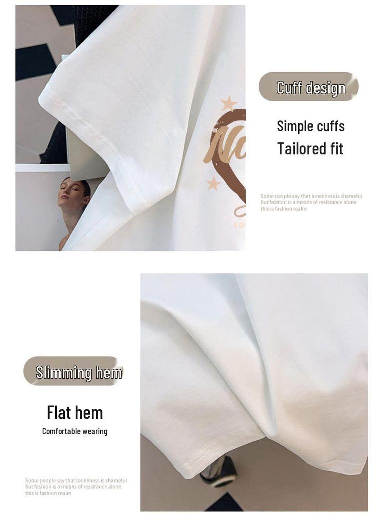 Женская облегающая футболка большого размера средней длины с коротким рукавом - Круглый вырез, Свободный крой (Размеры 200-350 Цзинь)