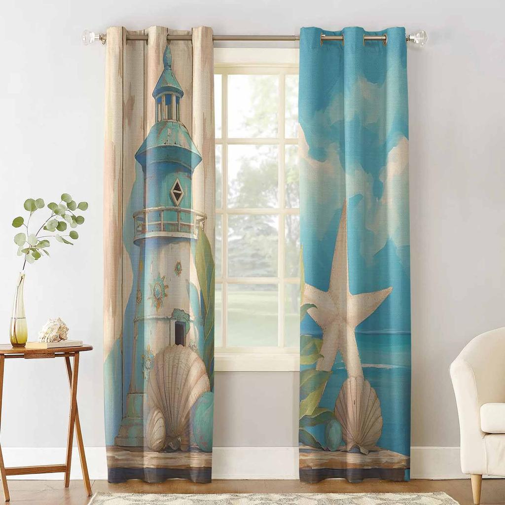 Ocean Beach Lighthouse Starfish Shell Plants Sky Blackout Curtains For Living Room Bedroom Window Treatment Blinds Drapes