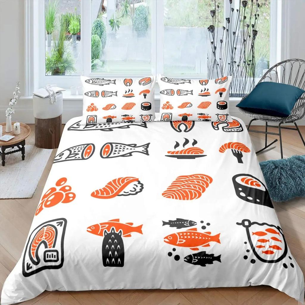 Японский Суши Пододеяльник Размер King Microfiber Милый Мультяшный Тема Еды Комплект Постельного Белья Чехол на Одеяло