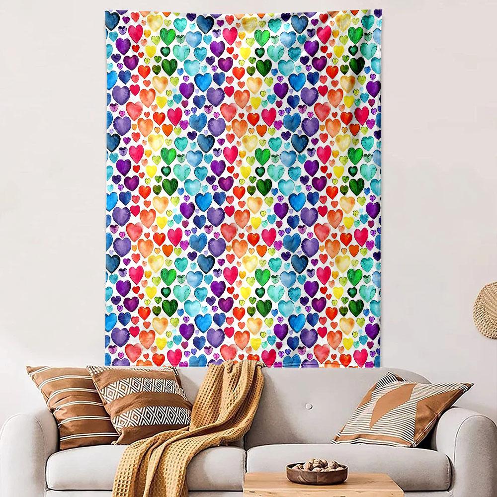 Colorful Watercolor Heart Pattern Patterned tapestry home decor, suitable for bedroom and living room, gift
