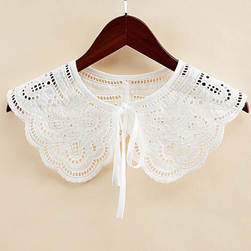 1PC Fashion Women Cotton Fake Collar Sweet Floral Lace Shawl Lapel Blouse Top Detachable Shirt False Tie Clothes Accessories