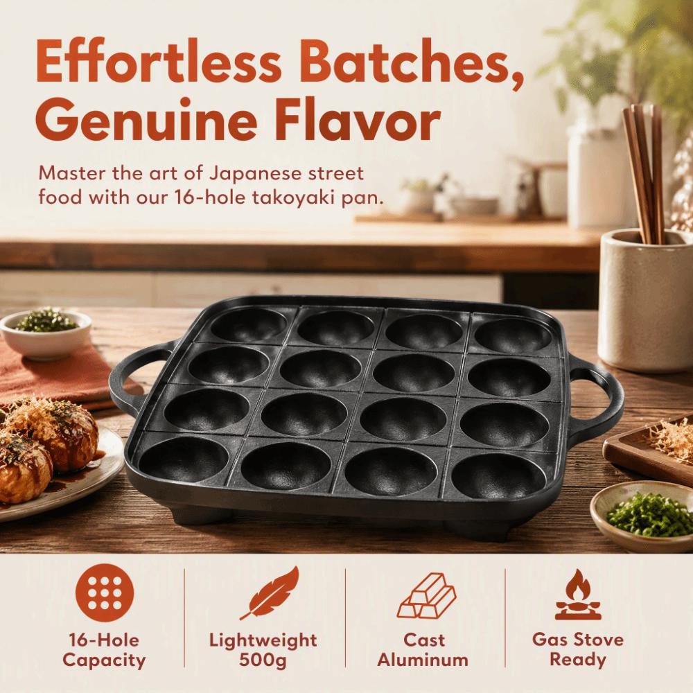 New Black Takoyaki Pan Nonstick Dual Handle Takoyaki Grill Pan Cast Aluminum 16-Hole Cooking Pan Indoor Cooking