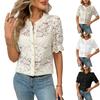 Ladies Summer Short Sleeve O Neck Lace Hollow Breathable Button Shirt Top