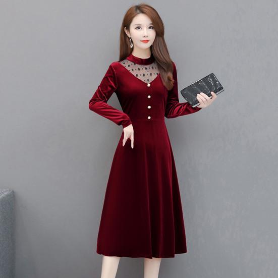 Офисное женское элегантное бархатное платье с круглым вырезом, ажурное сетчатое платье трапециевидной формы с длинными рукавами, декором на пуговицах, свободное платье миди с подолом