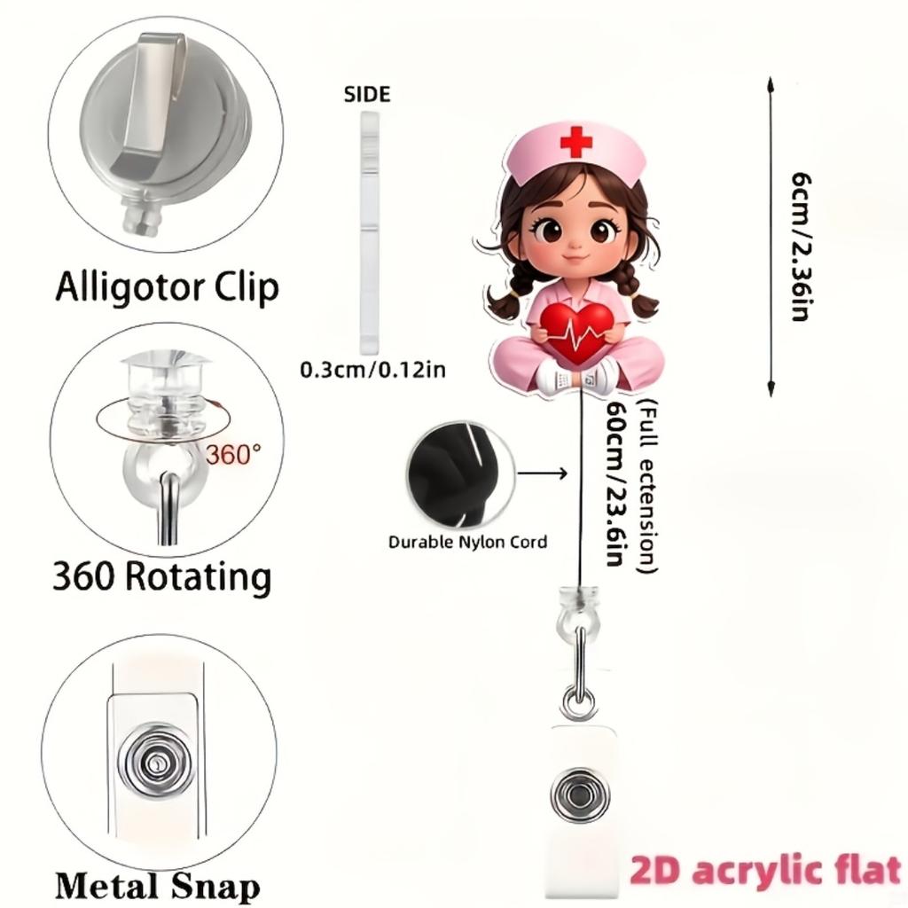 2D плоский акриловый розовый retractable бейдж-катушка для медсестры, практичный держатель для медицинского удостоверения личности для студентов-медиков и практикующих медицинских работников