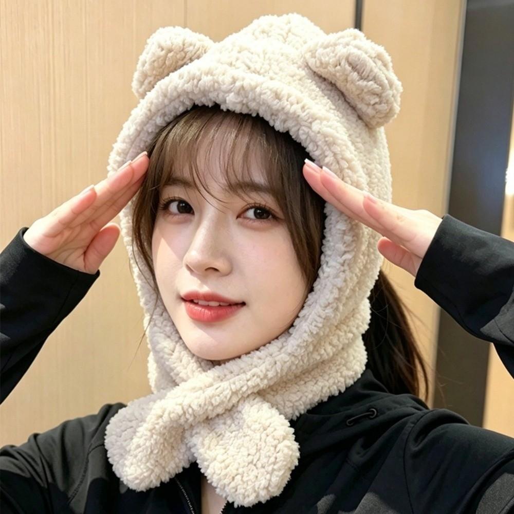 Winter 2-in-1 Cap Scarf Set Warm Neck Warmer Hat Cute Integrated Cap Scarf  Outdoor