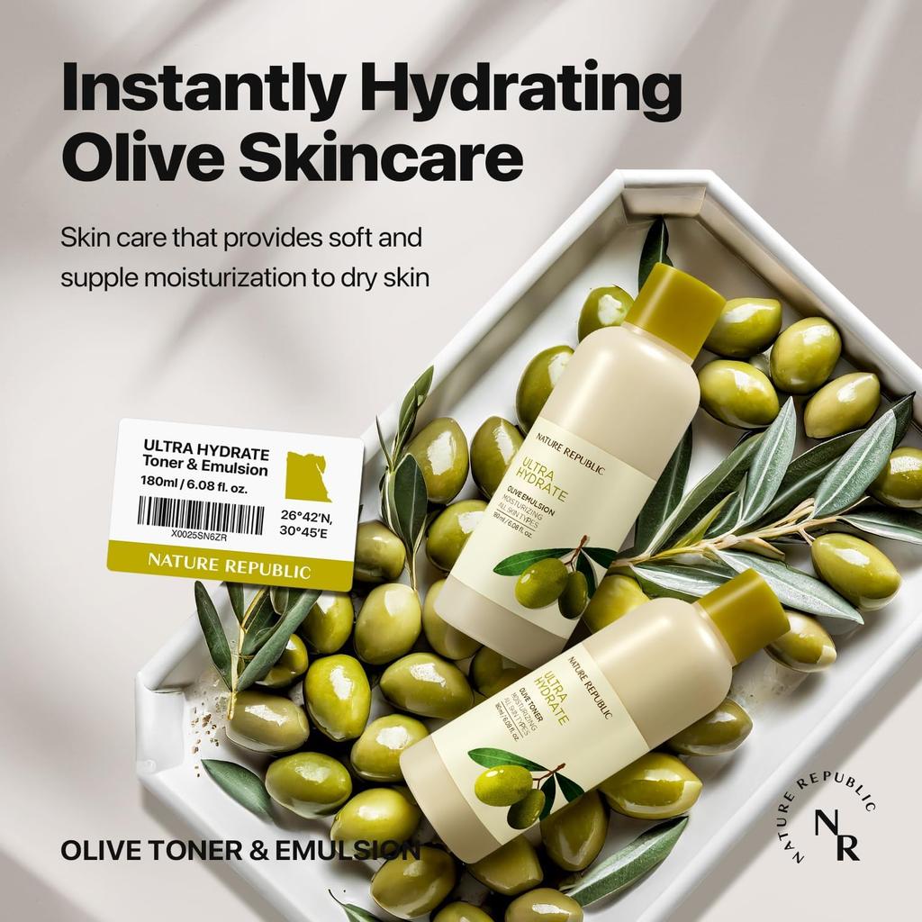 Nature Republic Набор тонер-эмульсий с экстрактами листьев оливы — набор увлажняющих средств с настоящей египетской оливкой, 10 000 мг/мл, маслом ши, витамином Е