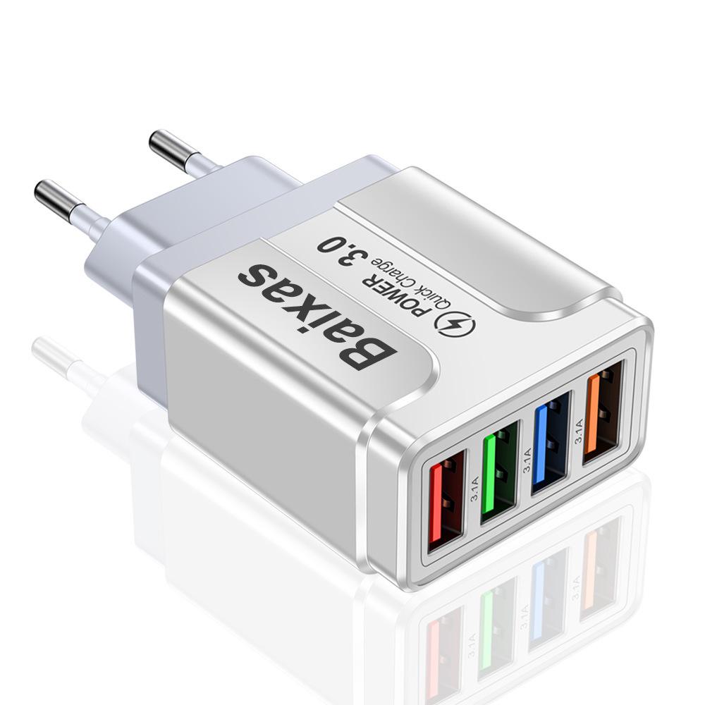Цветное 4-портовое USB-зарядное устройство 3A для мобильных телефонов и планшетов, дорожное - Стандарт ЕС/США/Великобритании