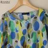 ZANZEA Women Round Neck 3/4 Sleeve Casual Print Blouse