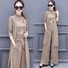 Women's Spring and Autumn Models Slim Thin Plus Size Round Neck Short Sleeved + Long Sleeved Jacket + Wide Legged Trousers Casual Wear Three Piece Set