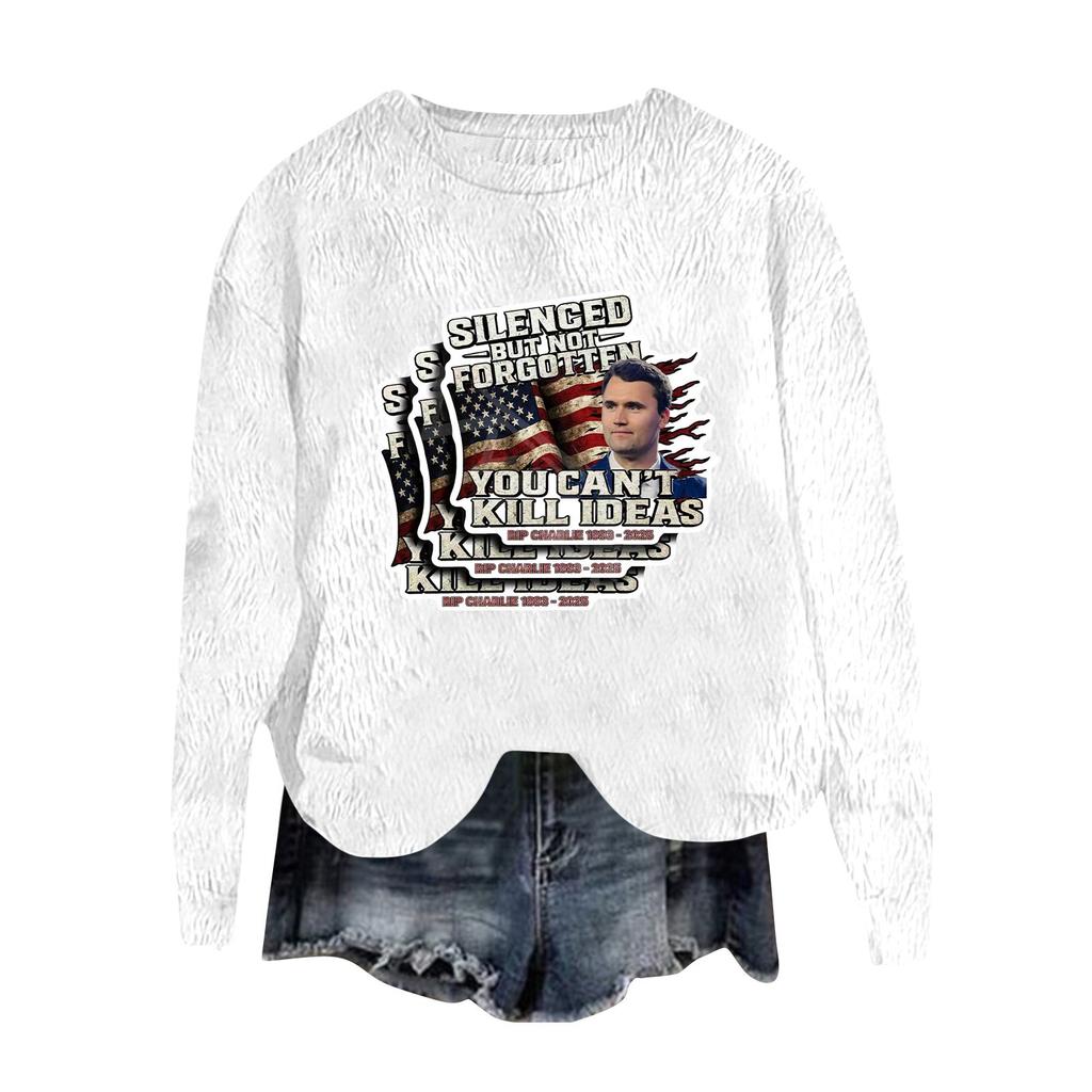 Women's Fashion Round Neck Pullover Top Long Sleeve Tee Printed Sweatshirt